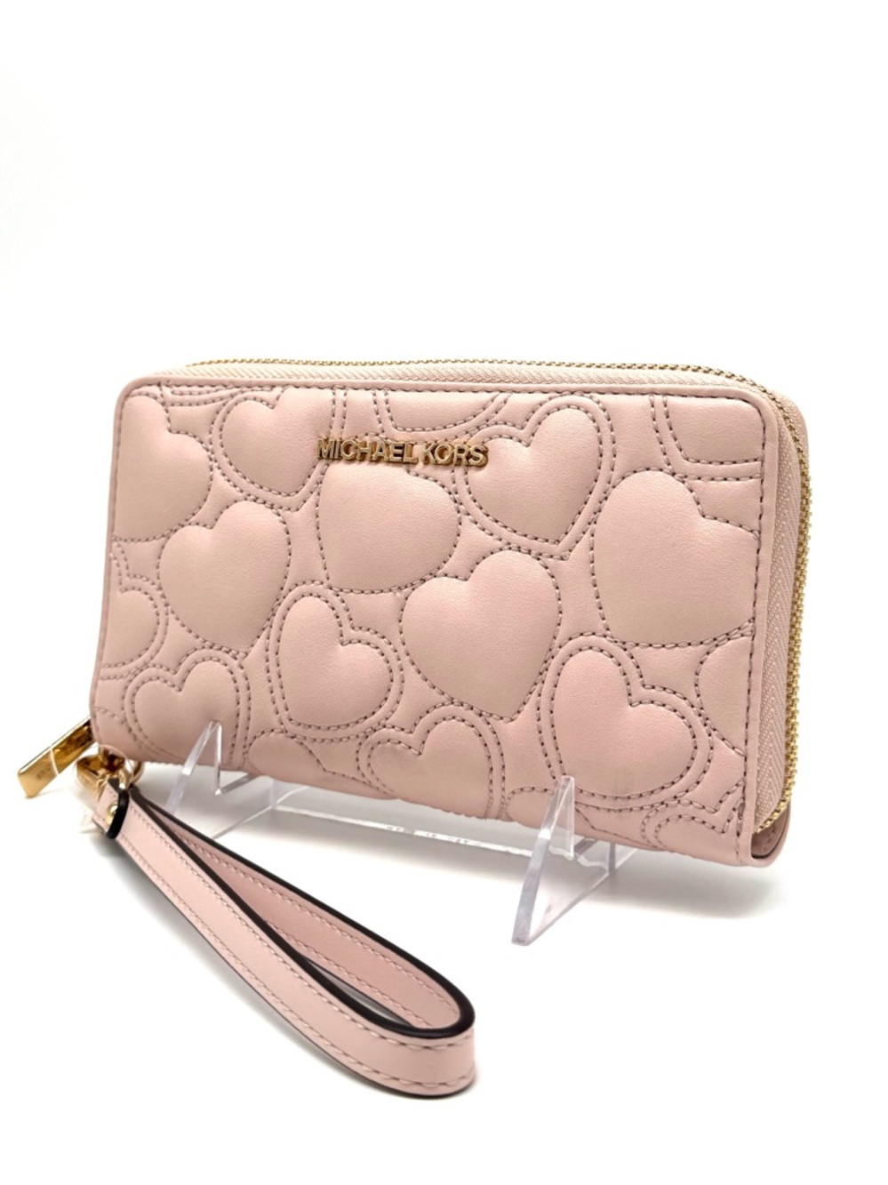 Michael Kors Large Quilted Heart Flat MF Phone Case Wallet Powder Blush
